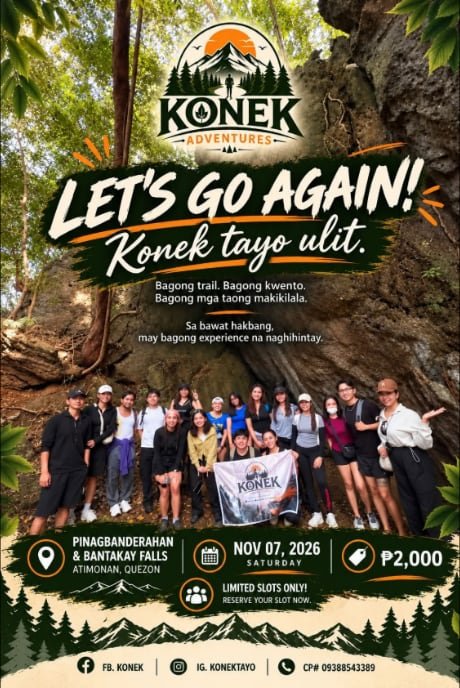 KONEK poster: Let's go again — Pinagbanderahan at Bantakay Falls, Atimonan, Quezon, Nov 07 2026, ₱2,000